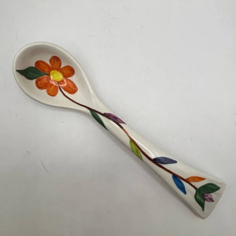 Hand-Painted Floral Ceramic Decorative Spoon -‎ Orange Flower 7.5” long